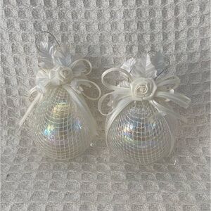 Bundle of 2 Glass Ornaments With Iridescent Netting, Satin Bows, Roses &  Pearls